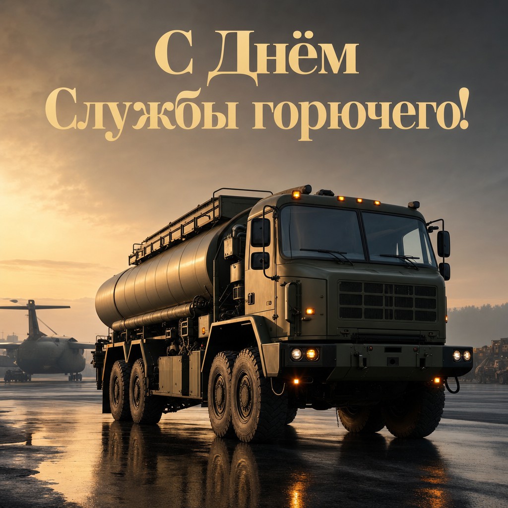 Премиальная открытка ко Дню Службы горючего Вооруженных сил России с армейской топливной автоцистерной на рассвете.