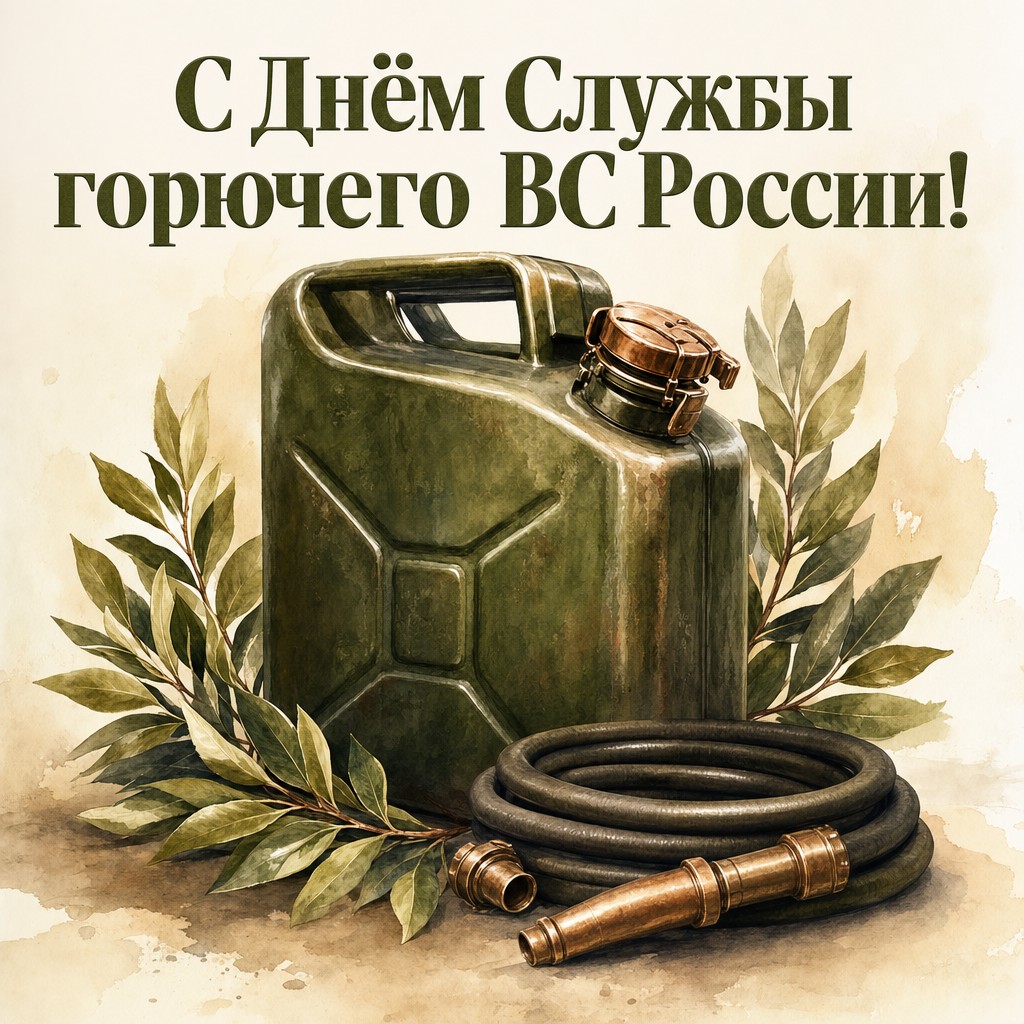 Нежная акварельная открытка ко Дню Службы горючего ВС России с армейской канистрой и лавровыми ветвями.