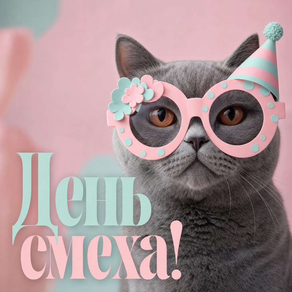 Милая открытка на День смеха с котом в смешных очках, мягким светом и пастельной палитрой.