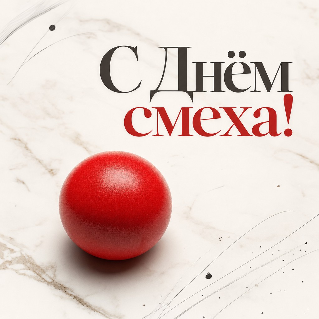 Стильная минималистичная открытка на День смеха с красным клоунским носом и премиальным светлым фоном.