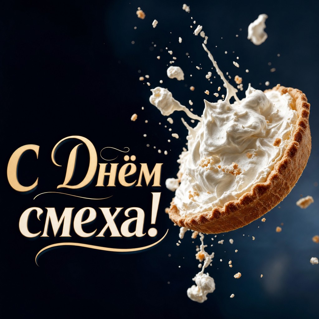 Эффектная открытка на День смеха с кремовым пирогом в полёте и драматичным светом.