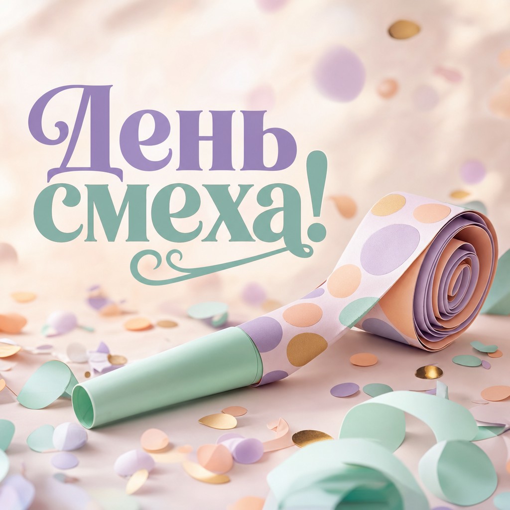 Нежная пастельная открытка на День смеха с праздничным свистком, конфетти и лёгким настроением.