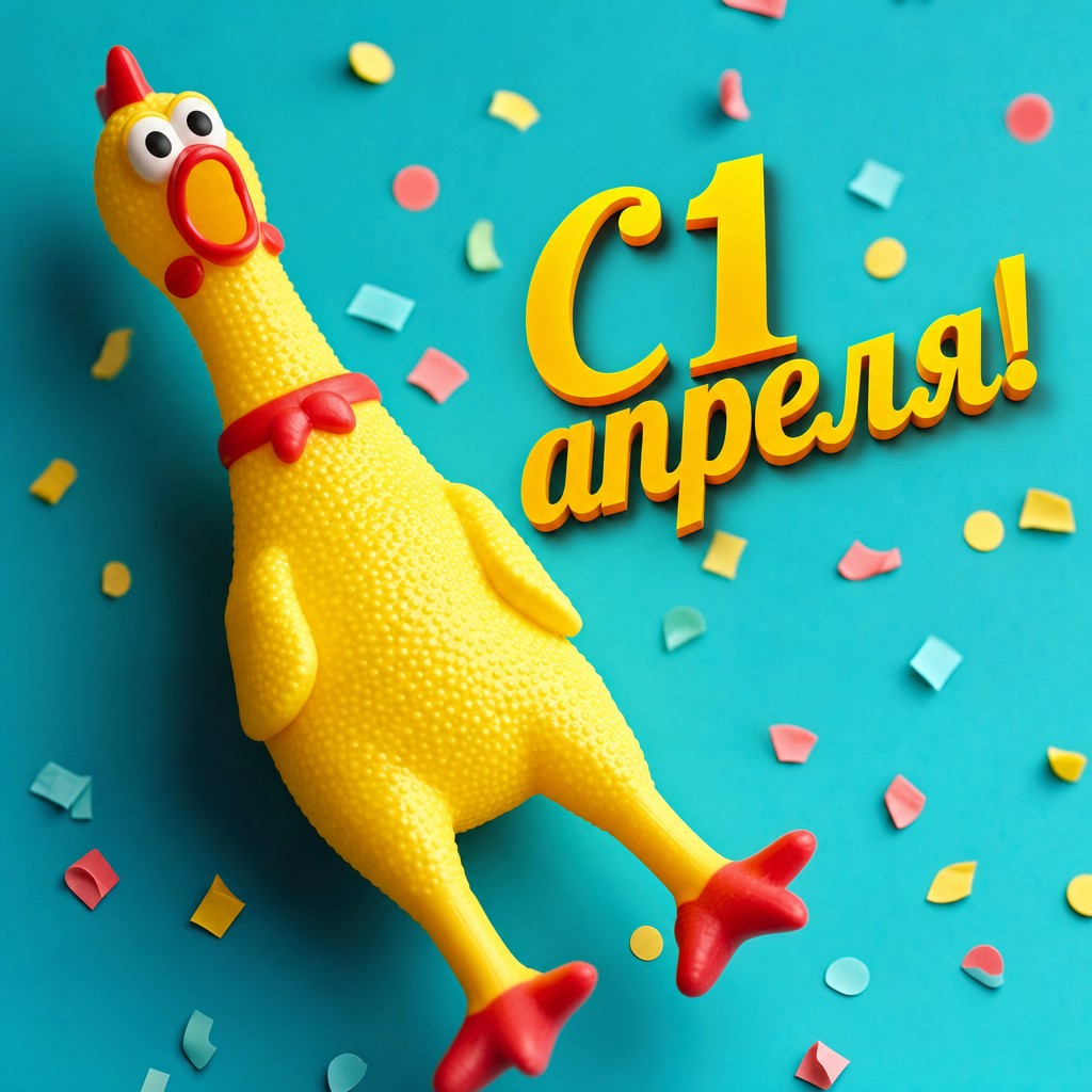 Сочная и смешная открытка на День смеха с резиновой курицей, бирюзовым фоном и праздничным конфетти.