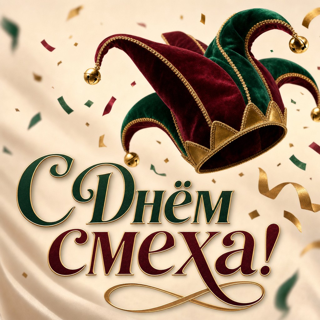Элегантная открытка на День смеха с шутовской шляпой, золотыми деталями и праздничным настроением.