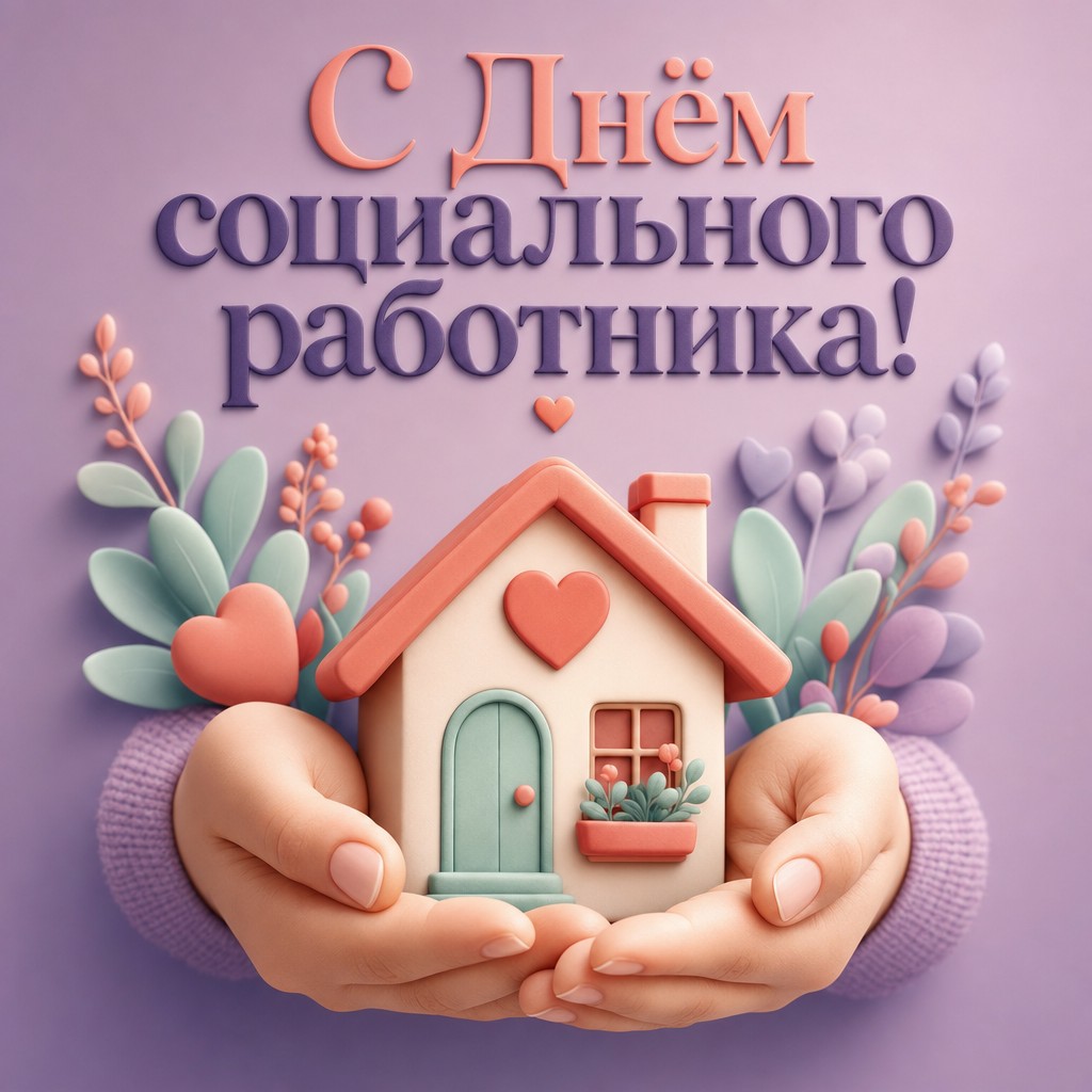 Добрая 3D-открытка ко Дню социального работника с уютным домиком, сердцем и символом заботы.