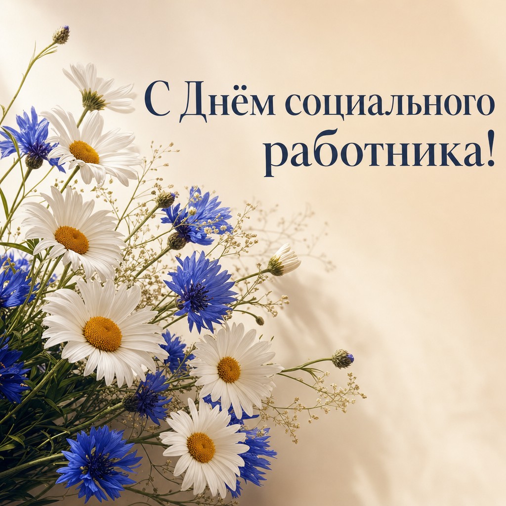 Светлая цветочная открытка ко Дню социального работника с ромашками, васильками и спокойным премиальным настроением.