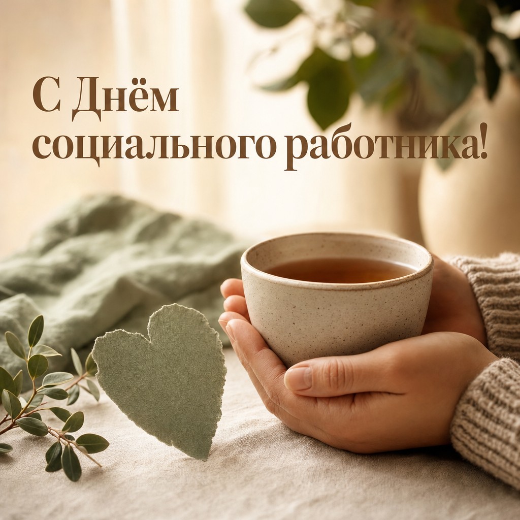 Премиальная открытка ко Дню социального работника с руками, чашкой чая и сердцем в уютной светлой палитре.