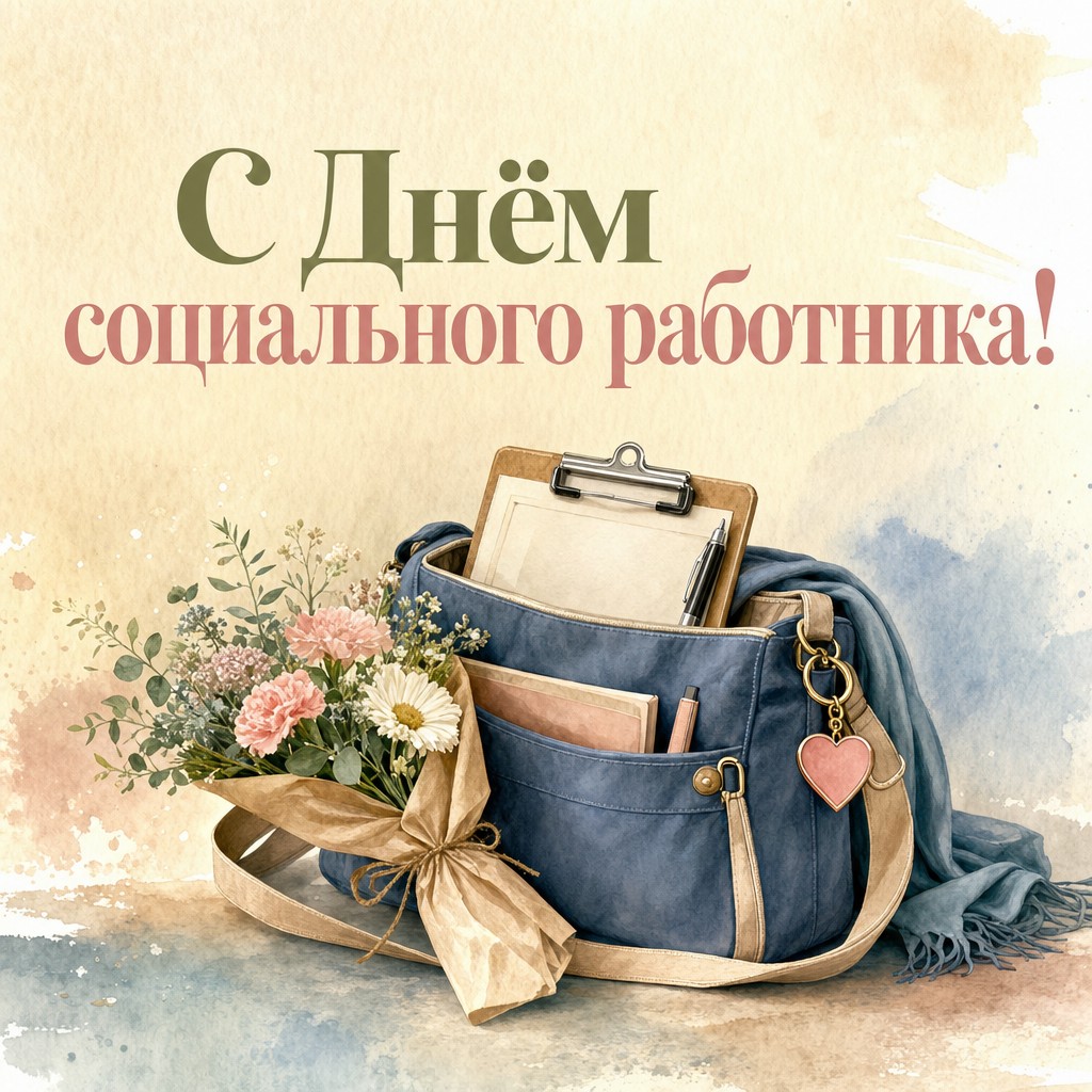 Нежная акварельная открытка ко Дню социального работника с рабочей сумкой, блокнотом и цветами.