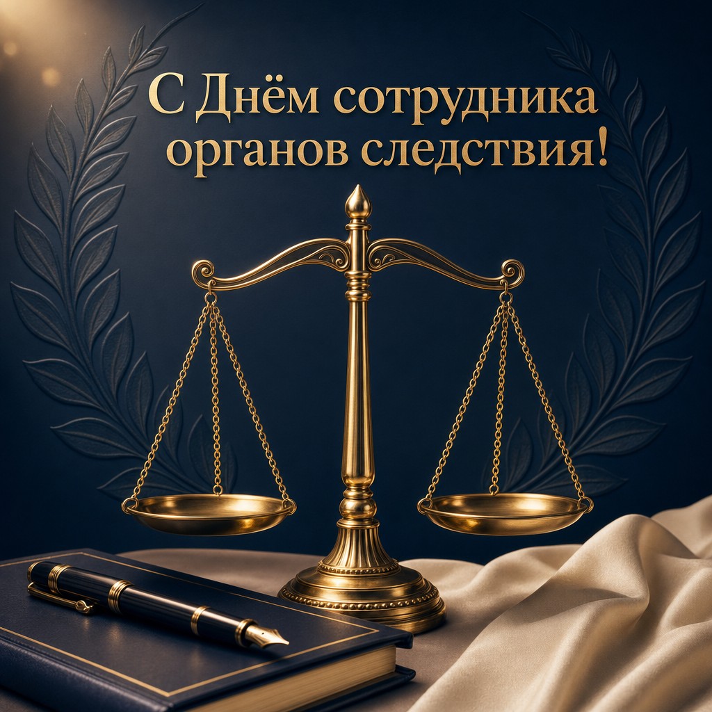 Премиальная открытка к Дню сотрудника органов следствия РФ с золотыми весами правосудия и торжественным дизайном.