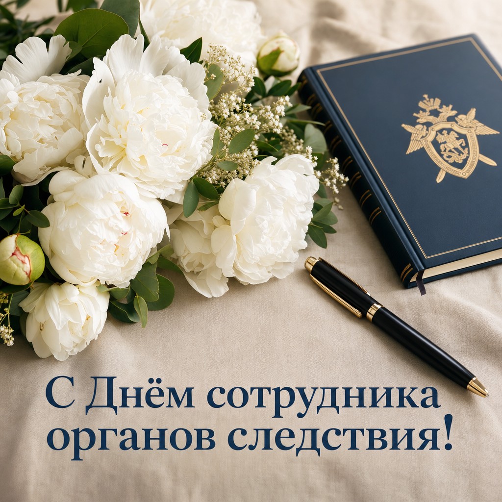 Элегантная открытка к Дню сотрудника органов следствия РФ с белыми пионами, книгой закона и ручкой.