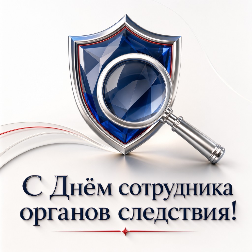 Стильная 3D-открытка к Дню сотрудника органов следствия РФ с щитом, лупой и премиальной подачей.