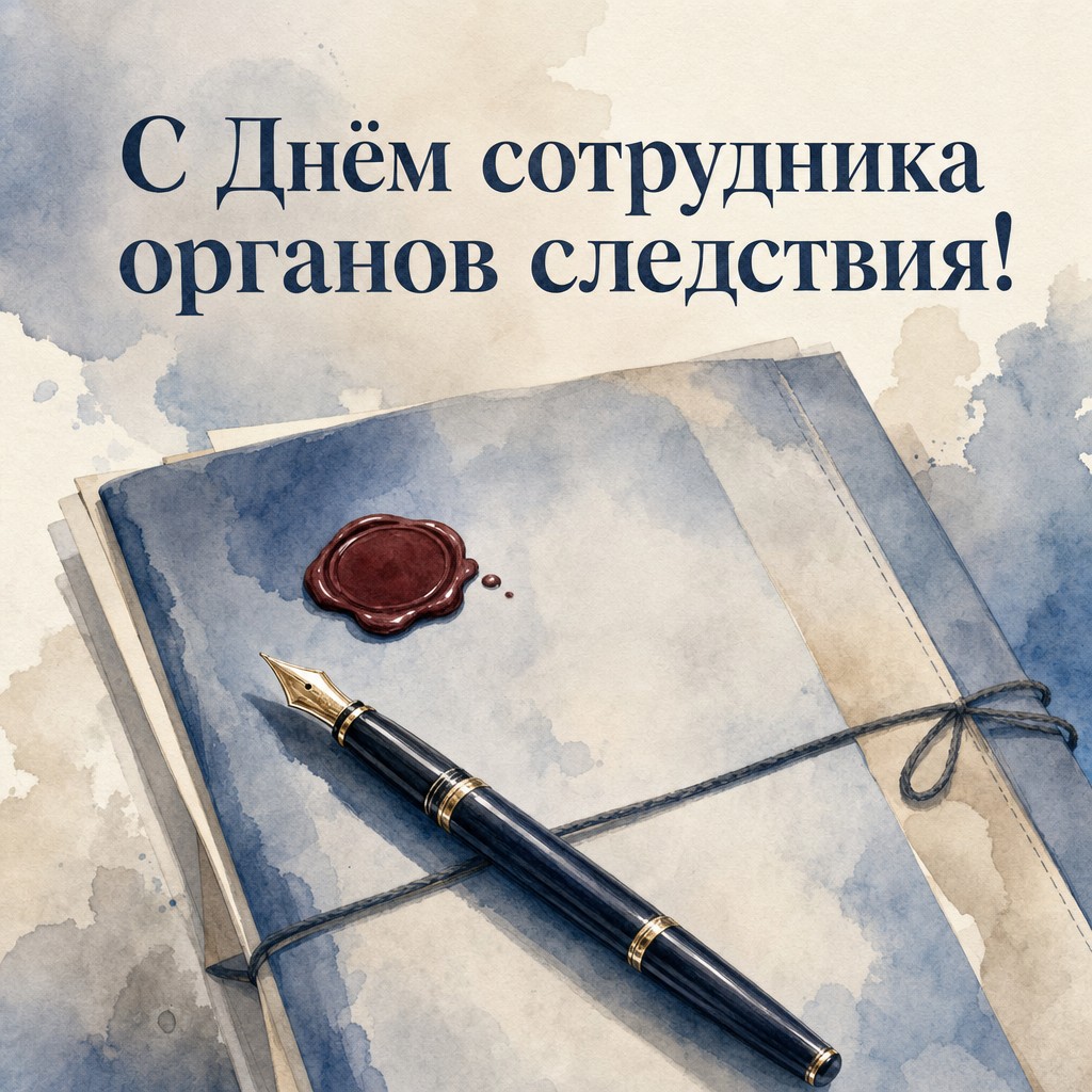 Нежная акварельная открытка к Дню сотрудника органов следствия РФ с пером, документом и спокойной деловой эстетикой.