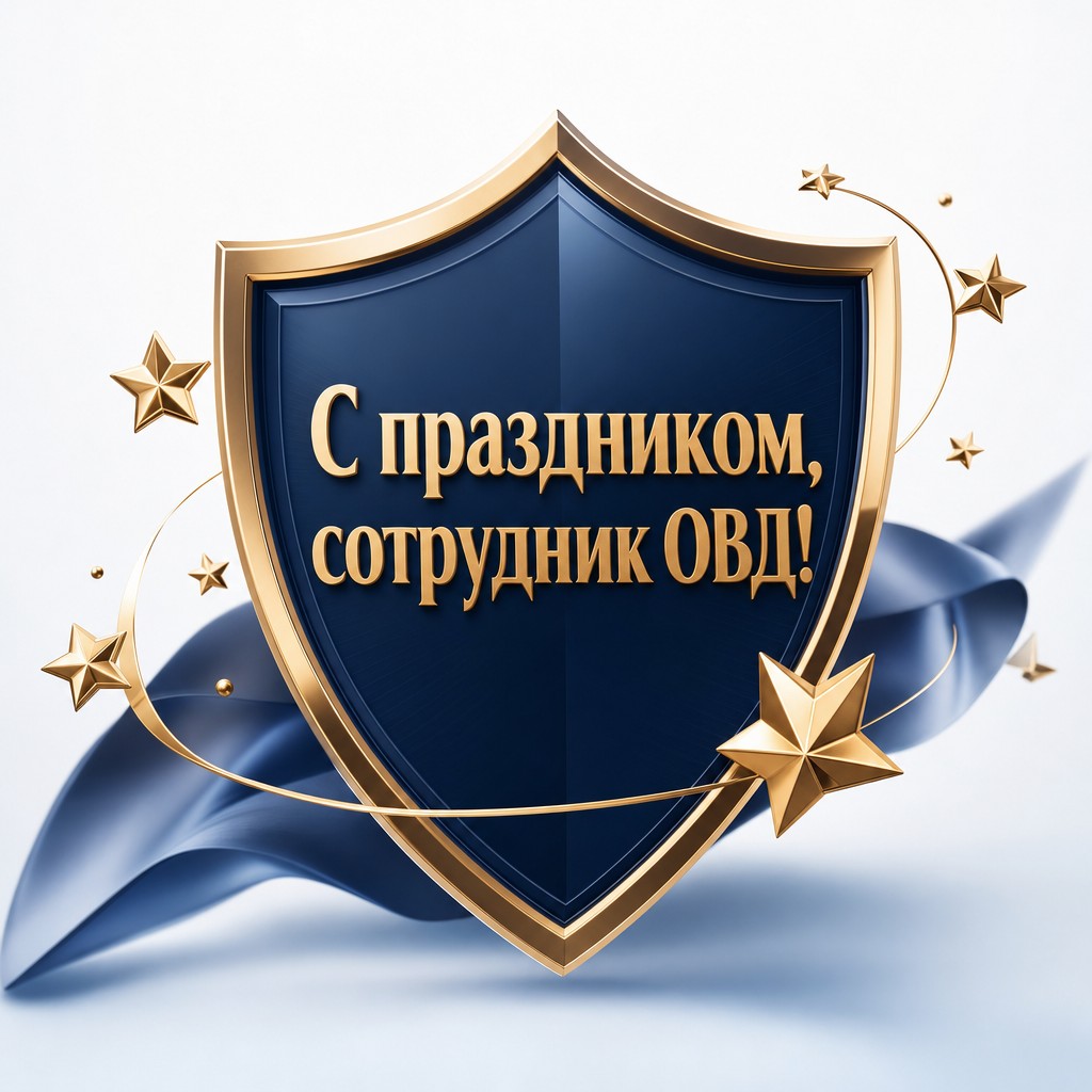 Современная открытка на День сотрудника органов внутренних дел с объёмным щитом и золотыми звёздами.
