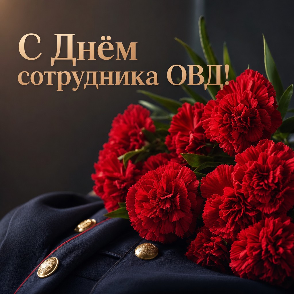 Торжественная открытка на День сотрудника органов внутренних дел с букетом красных гвоздик.
