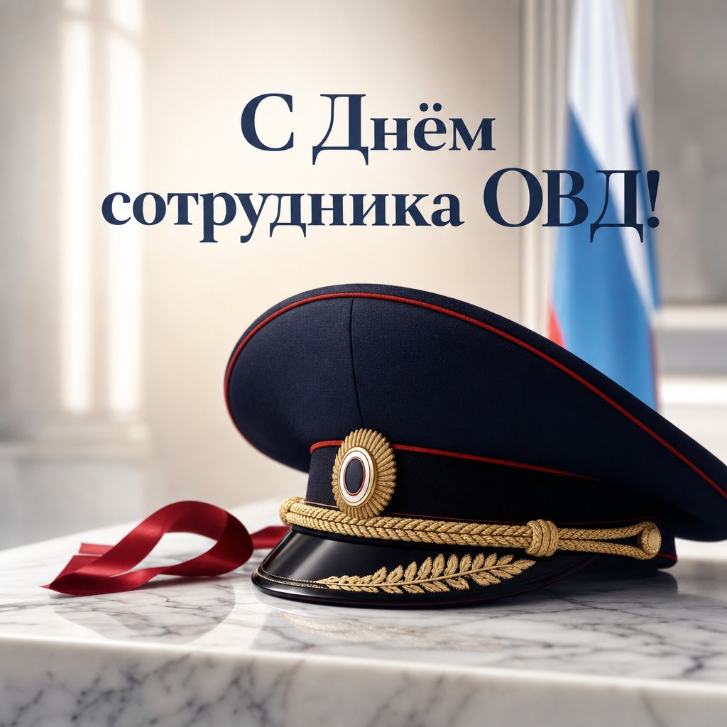 Стильная открытка на День сотрудника органов внутренних дел с парадной фуражкой и премиальным светом.
