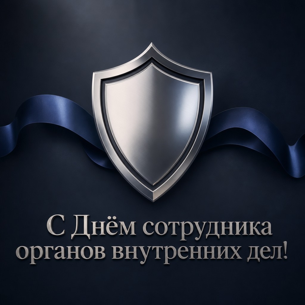 Лаконичная премиальная открытка на День сотрудника органов внутренних дел с серебряным щитом.