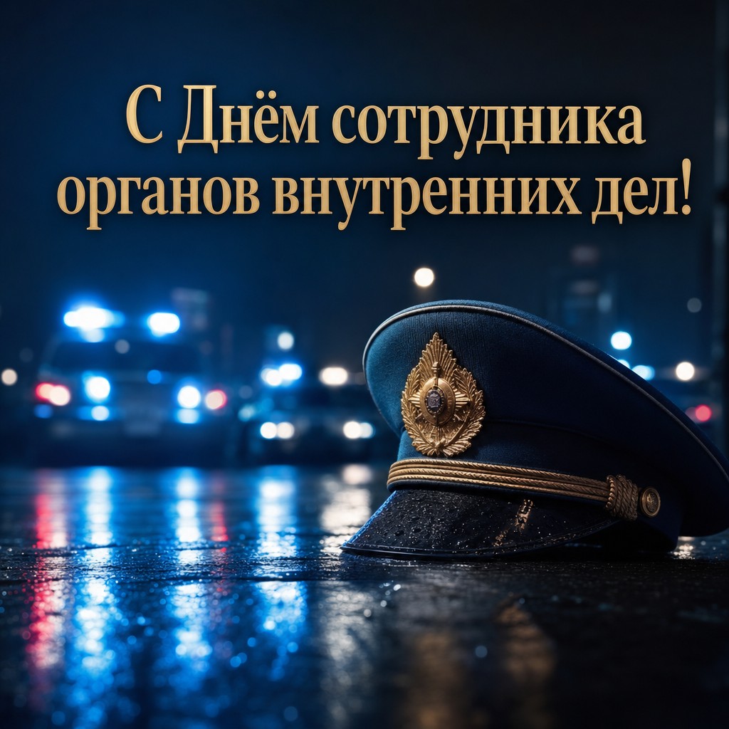 Кинематографичная открытка на День сотрудника органов внутренних дел с ночными синими огнями.