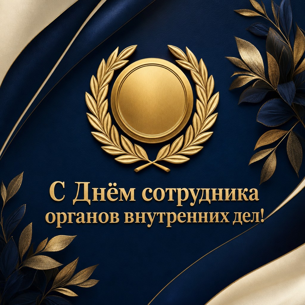 Премиальная открытка на День сотрудника органов внутренних дел с золотой медалью и лавром.