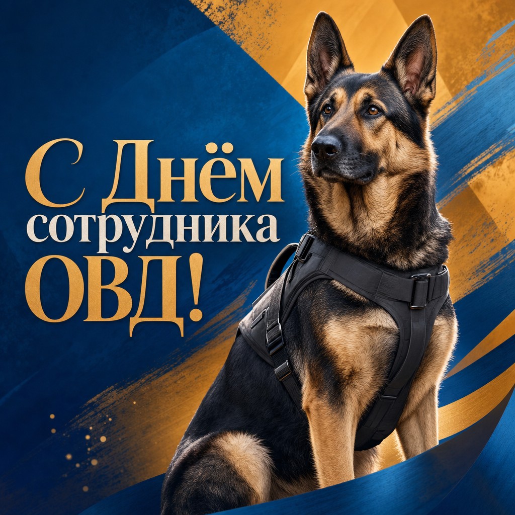 Яркая открытка на День сотрудника органов внутренних дел со служебной собакой в современном стиле.