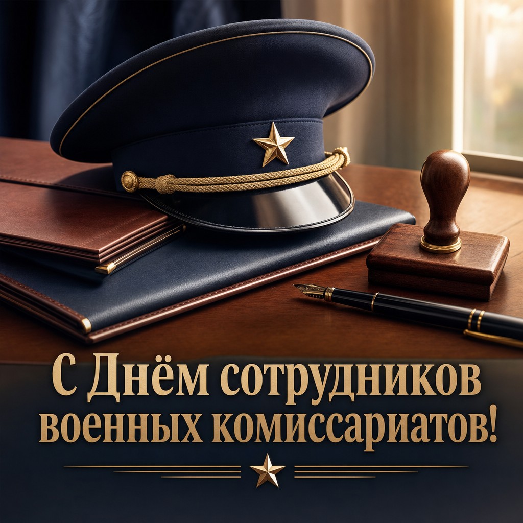 Премиальная открытка с фуражкой, папками и печатью для поздравления сотрудников военных комиссариатов.