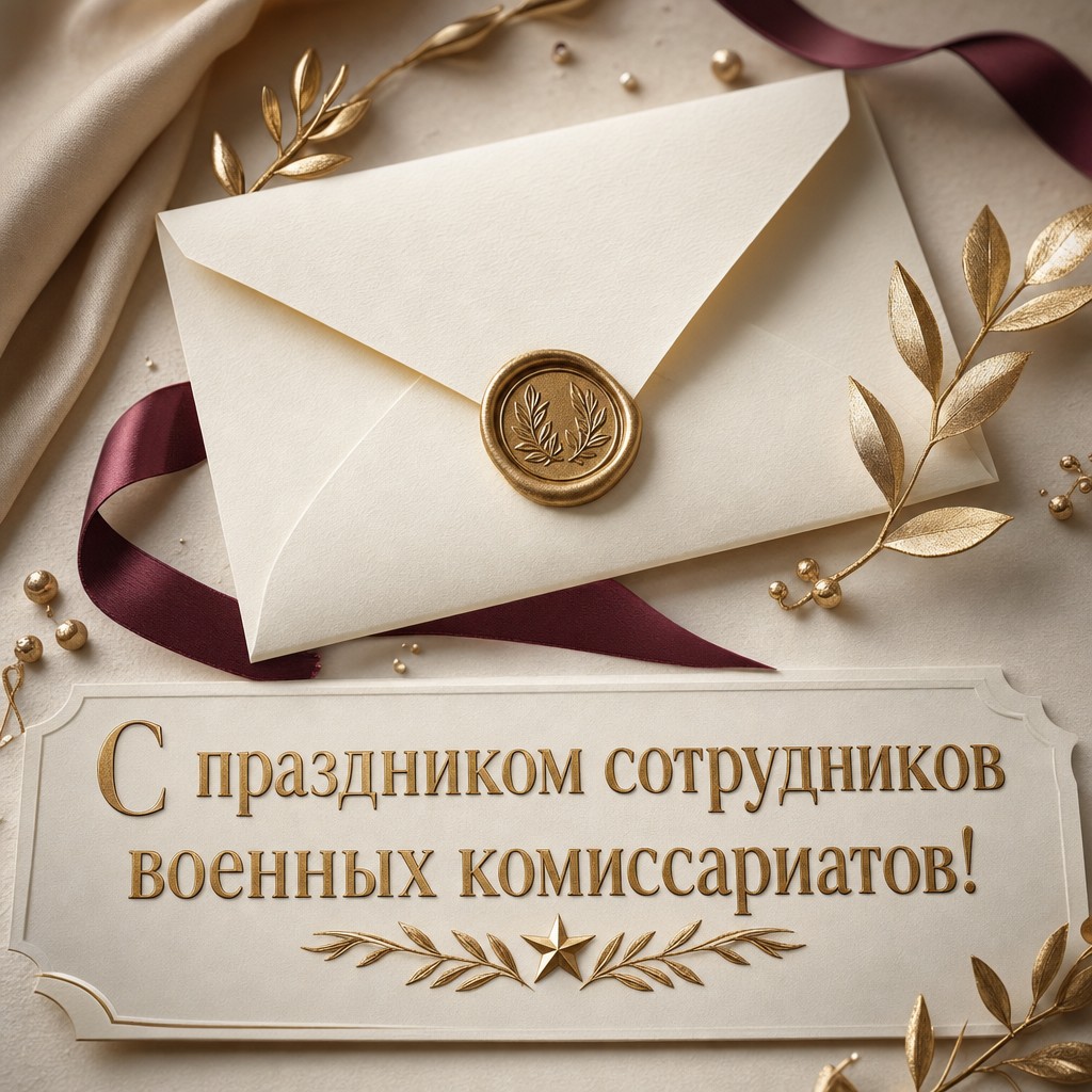Элегантная открытка с конвертом, золотой печатью и лавром для профессионального праздника военкоматов.