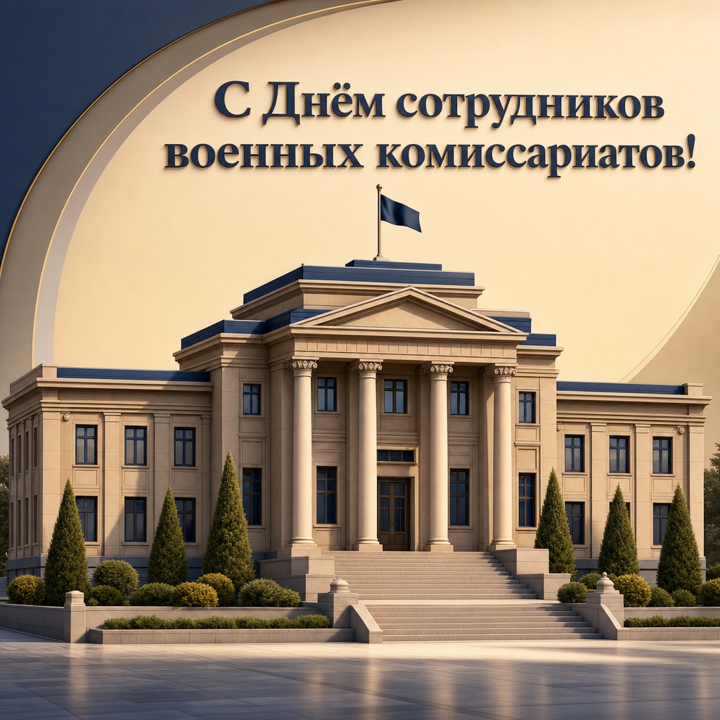 Объёмная открытка со стилизованным зданием комиссариата для поздравления с профессиональным днём.