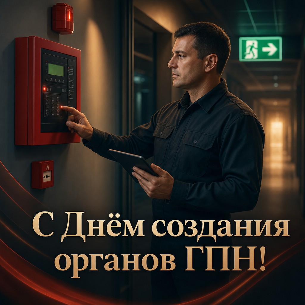 Стильная открытка к Дню создания органов государственного пожарного надзора с инспектором и атмосферным светом.