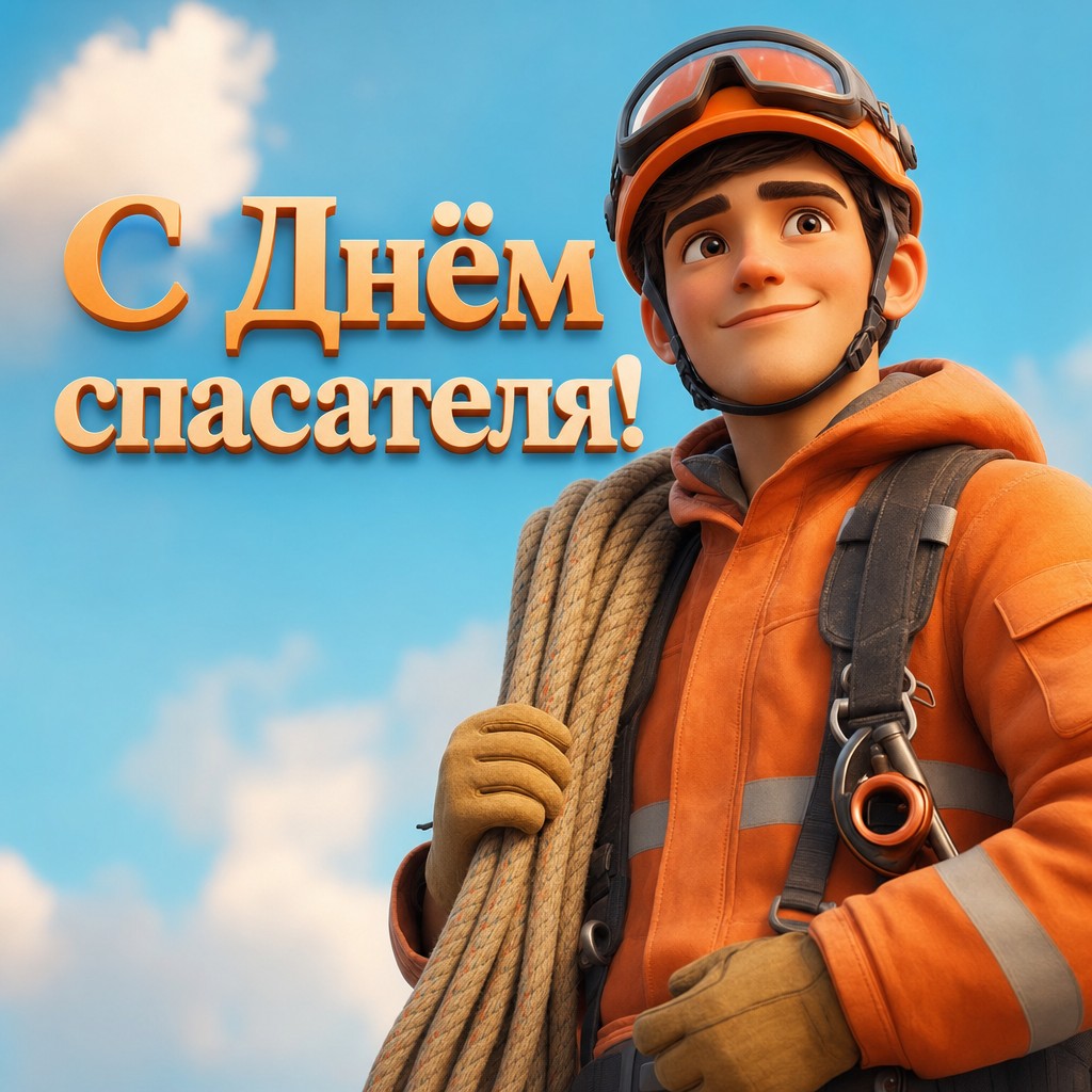 Современная 3D открытка ко Дню спасателя с дружелюбным спасателем и небесным фоном.