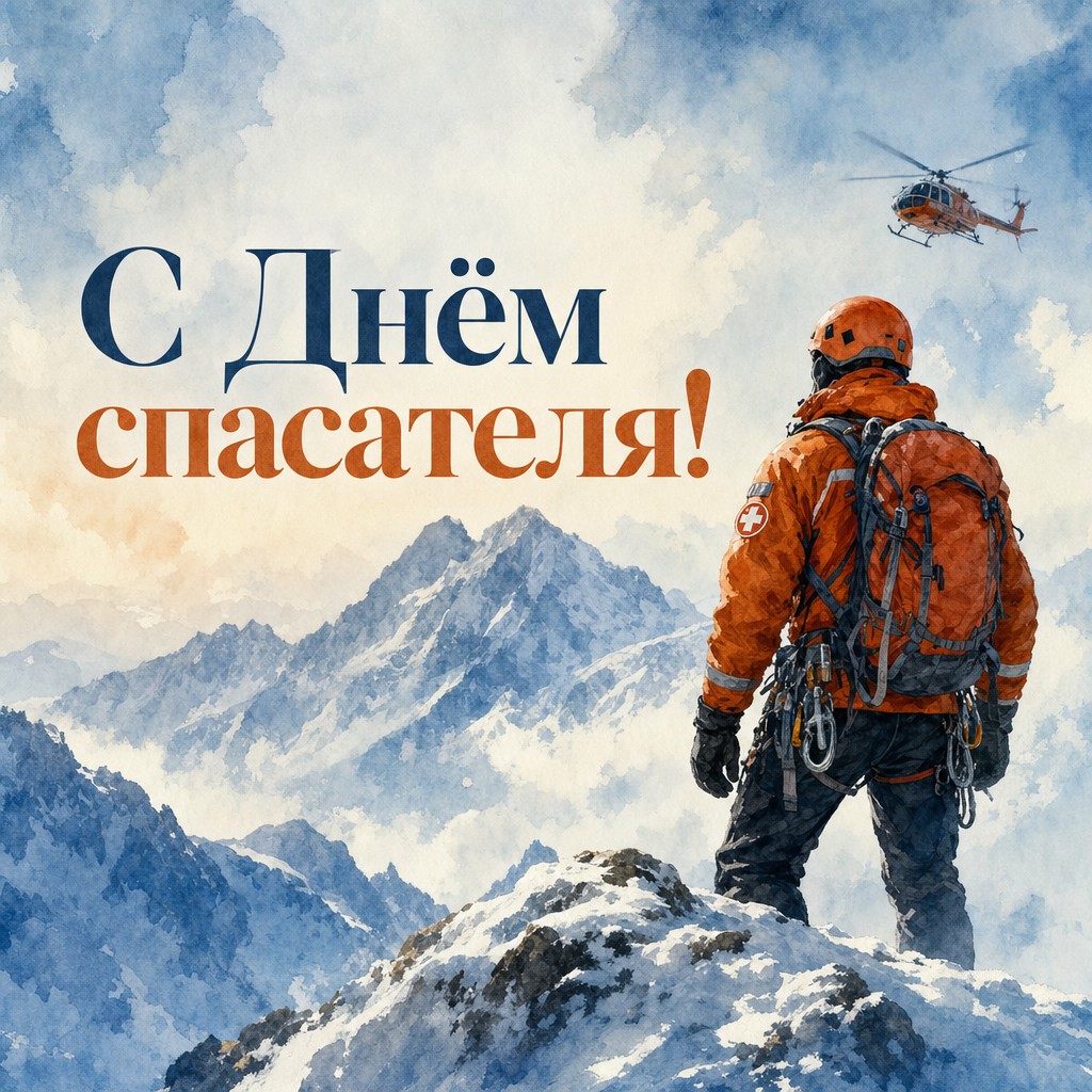 Нежная акварельная открытка ко Дню спасателя с горным пейзажем и спасателем.