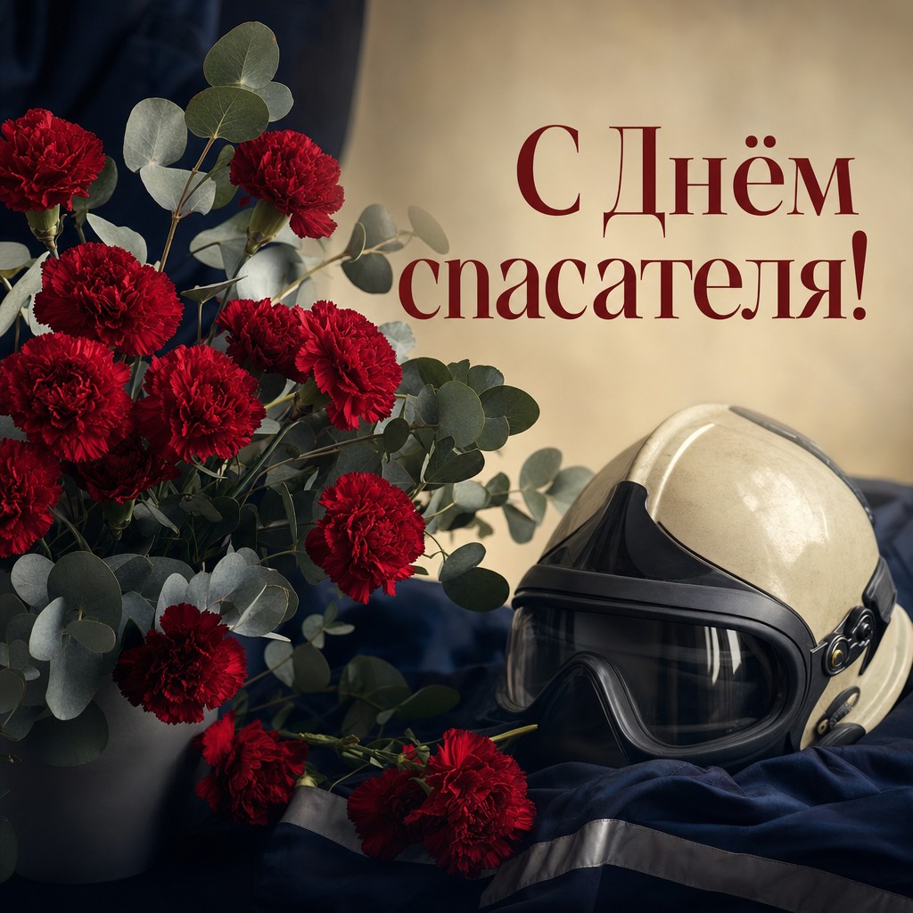 Премиальная открытка ко Дню спасателя с красными гвоздиками, зеленью и каской.
