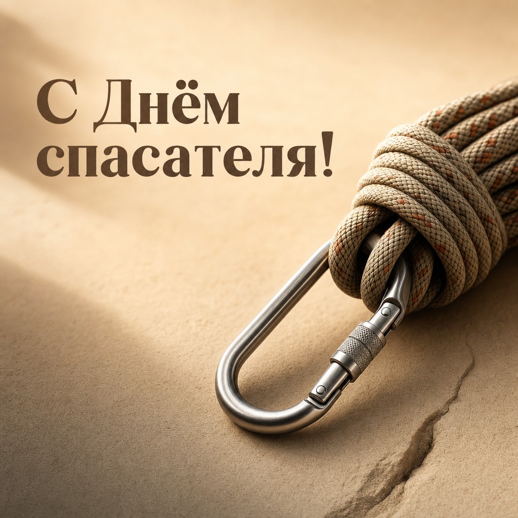 Премиальная минималистичная открытка ко Дню спасателя с карабином и верёвкой.