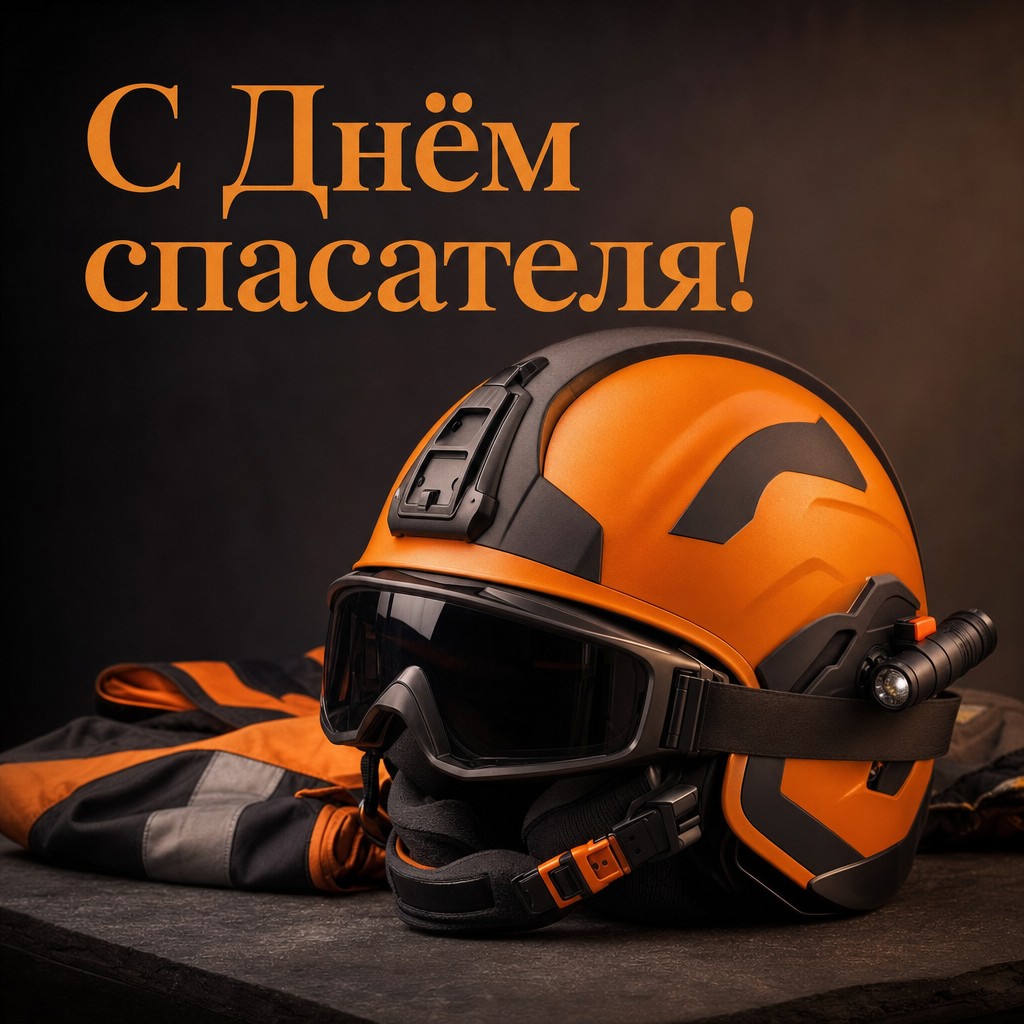 Стильная открытка ко Дню спасателя с каской, тёмным фоном и премиальным светом.