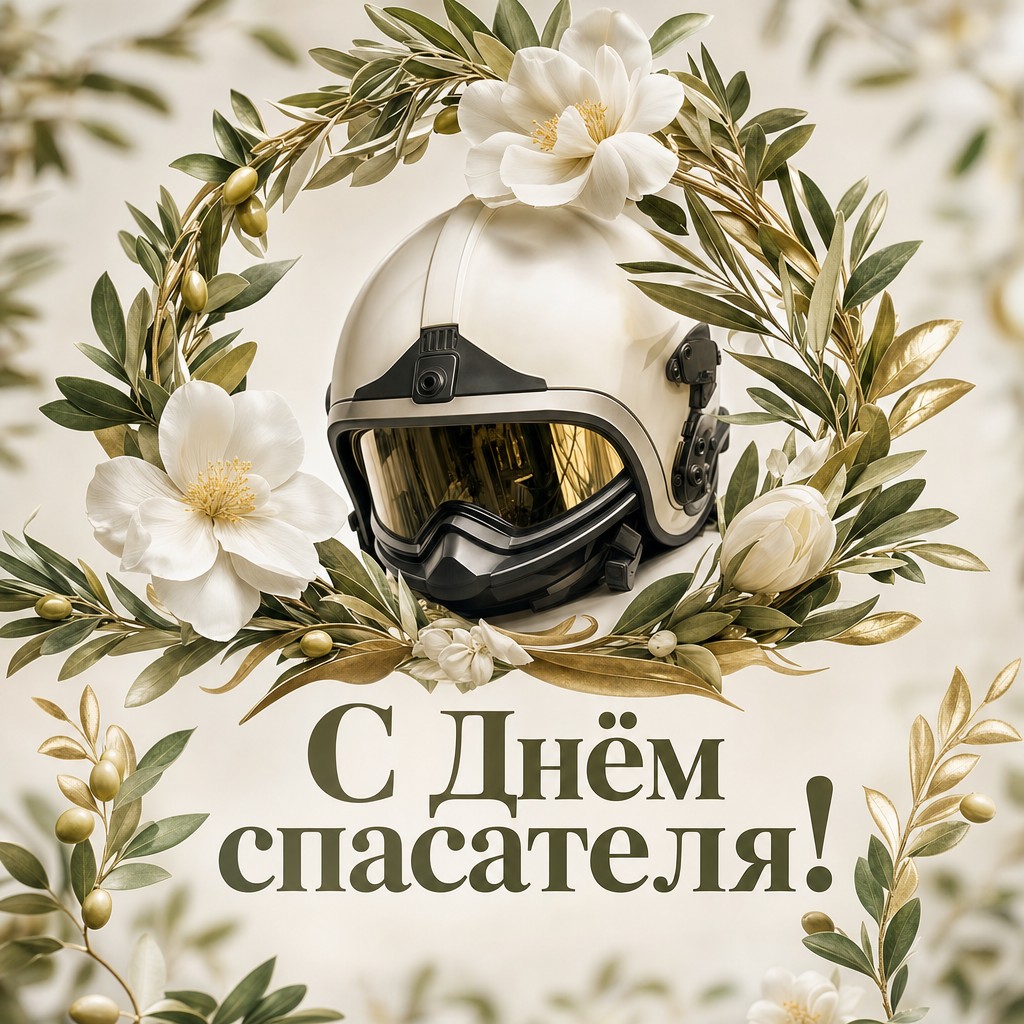 Торжественная открытка ко Дню спасателя с лавровой ветвью, каской и светлым фоном.