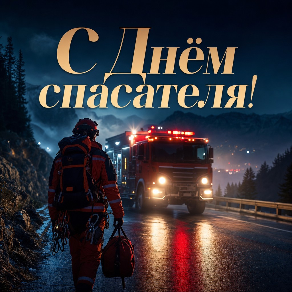 Эффектная открытка ко Дню спасателя с машиной спасателей, фарами и ночным светом.