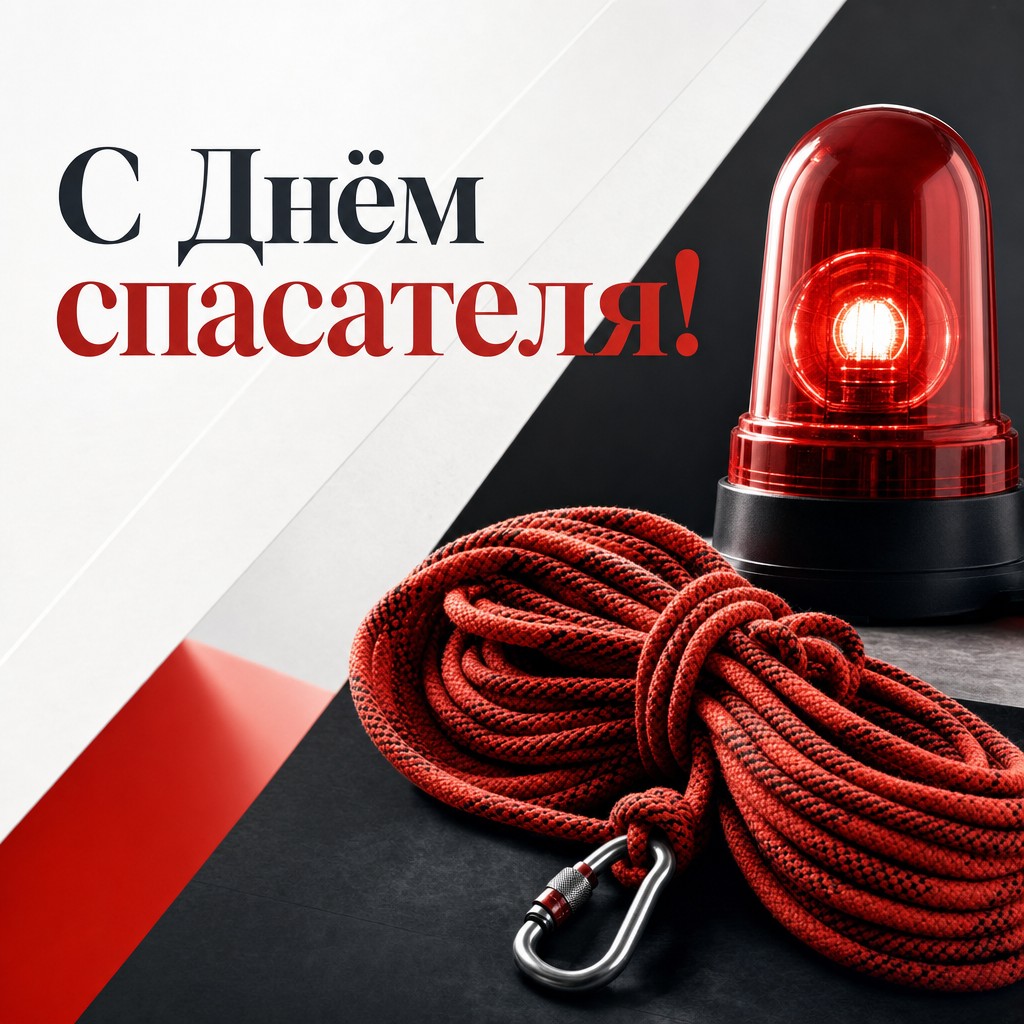 Лаконичная открытка ко Дню спасателя с сиреной, верёвкой и современной композицией.