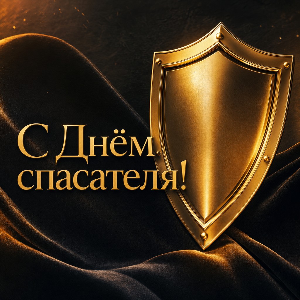 Роскошная открытка ко Дню спасателя с золотым щитом и выразительным тёмным фоном.