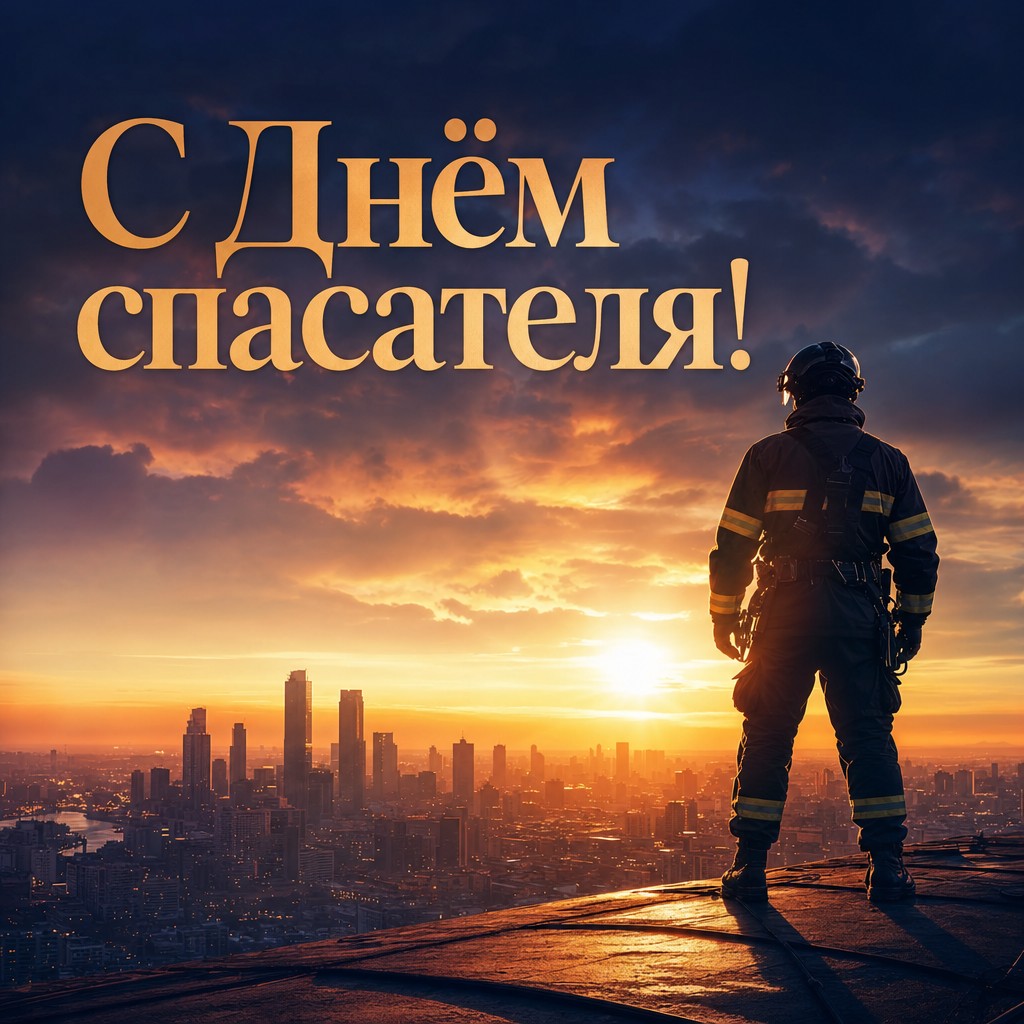 Героичная открытка ко Дню спасателя с силуэтом спасателя, городом и тёплым рассветом.
