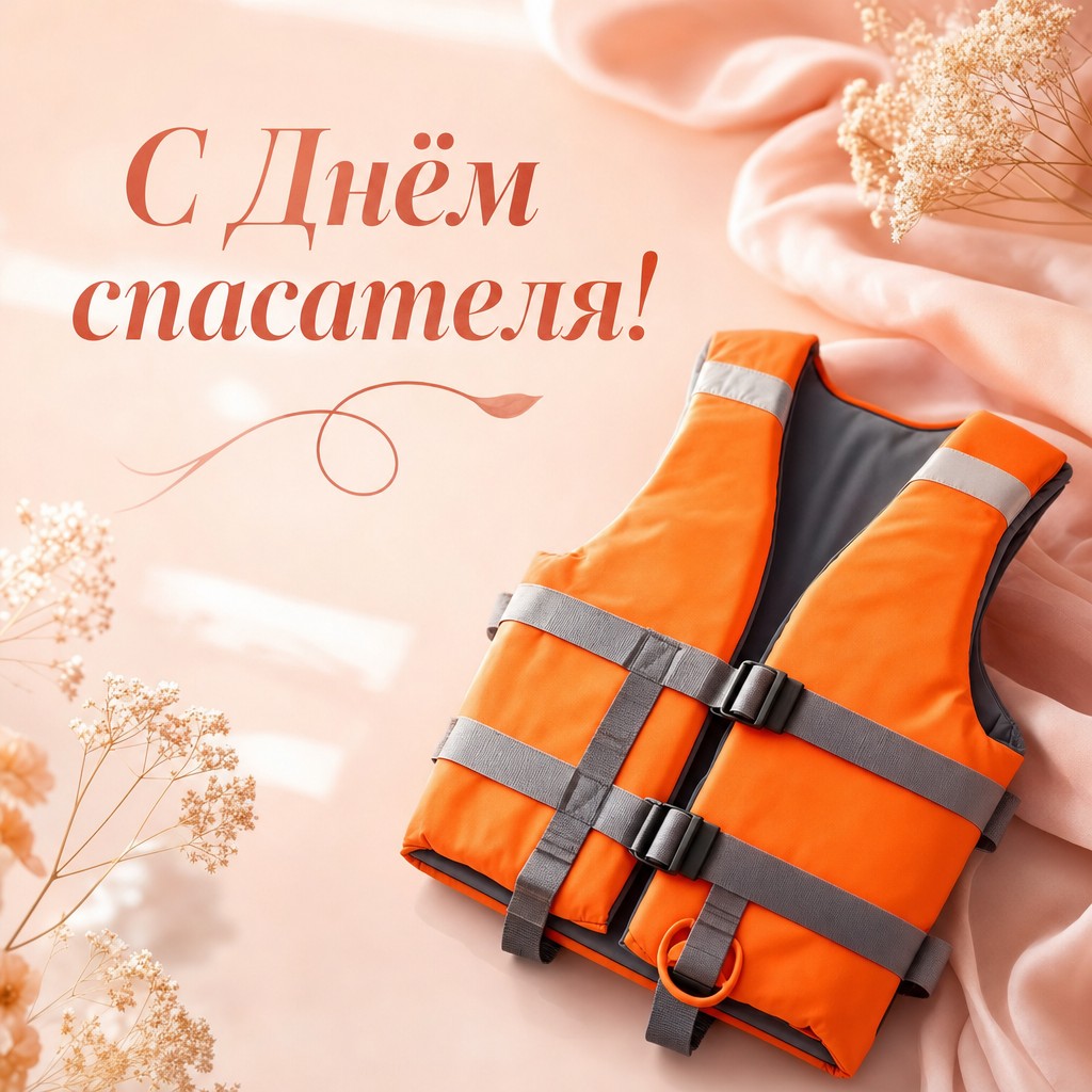 Светлая пастельная открытка ко Дню спасателя со спасательным жилетом и мягкой тенью.