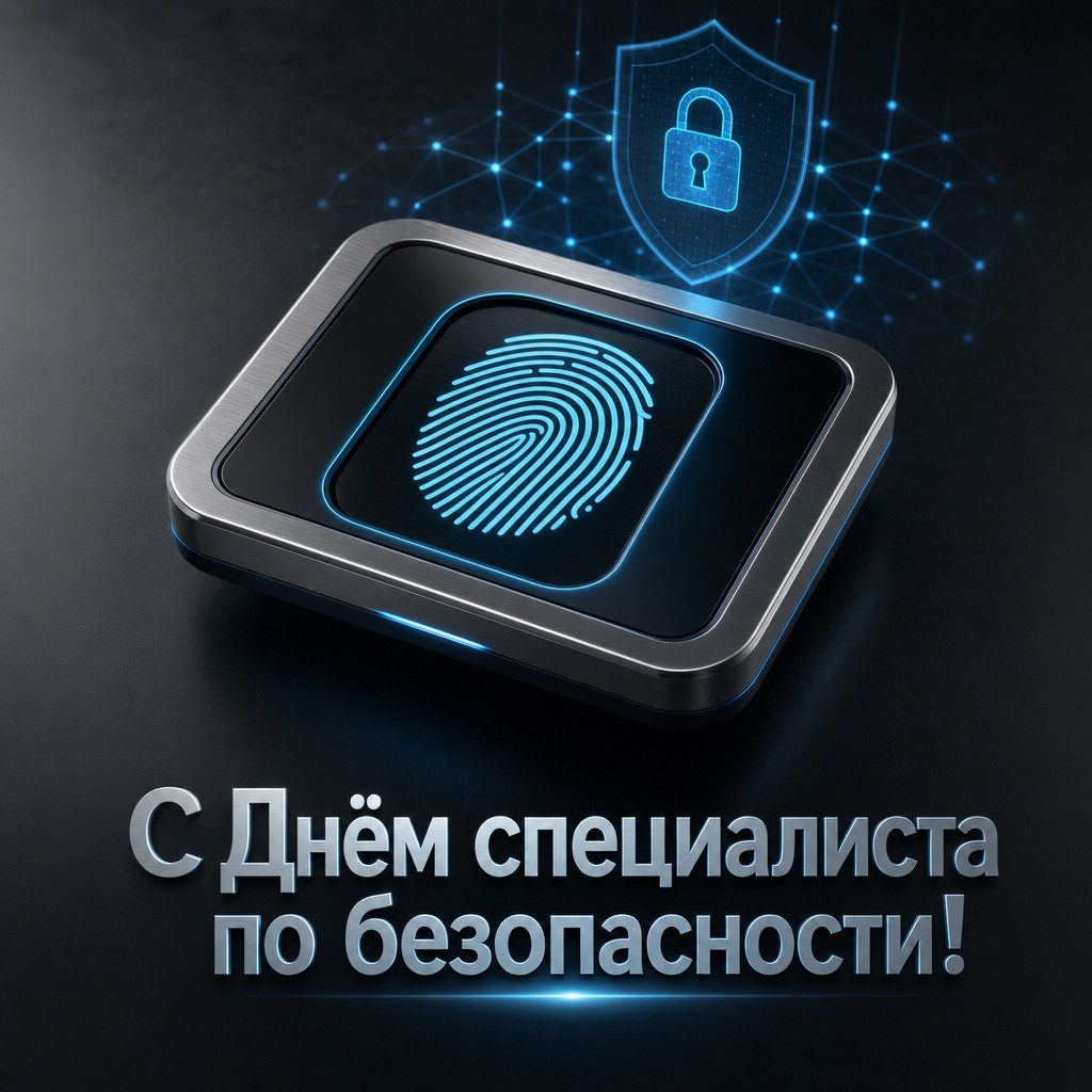 Современная открытка ко Дню специалиста по безопасности с биометрическим сканером и киберстилем.