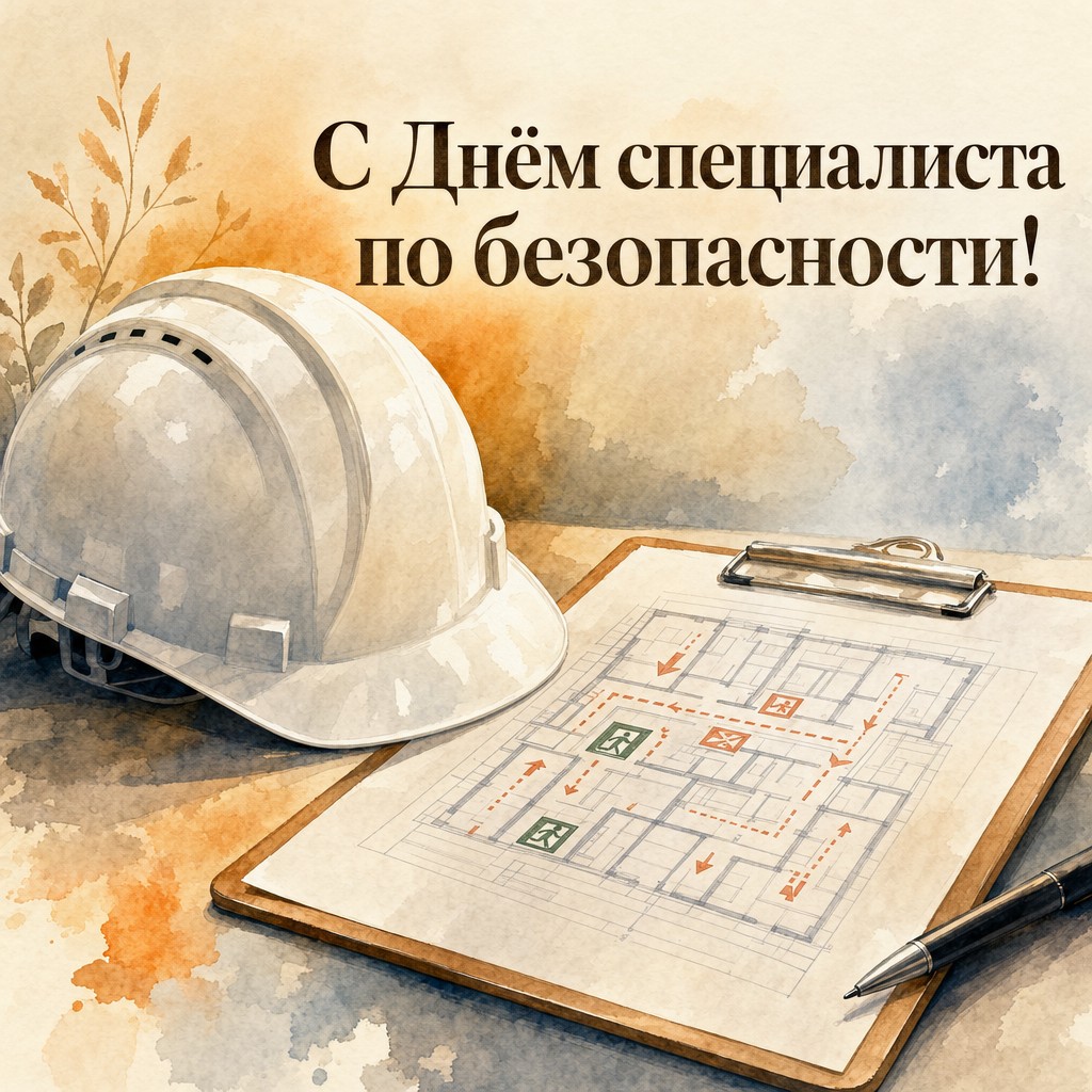 Акварельная открытка ко Дню специалиста по безопасности с каской, планом эвакуации и спокойной палитрой.