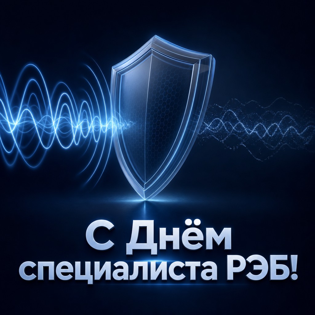 Современная открытка ко Дню специалиста по радиоэлектронной борьбе с цифровым щитом и радиоволнами.