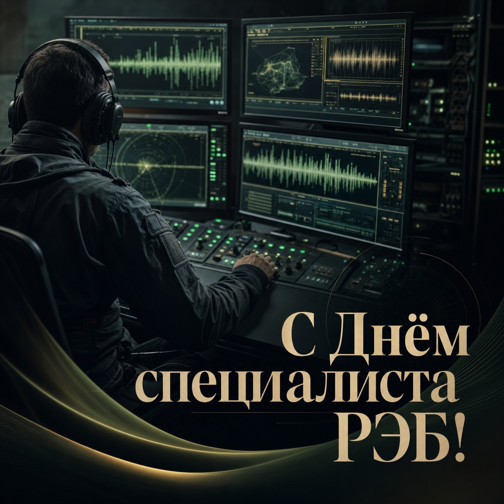 Атмосферная открытка ко Дню специалиста по радиоэлектронной борьбе с рабочей консолью и экранами.