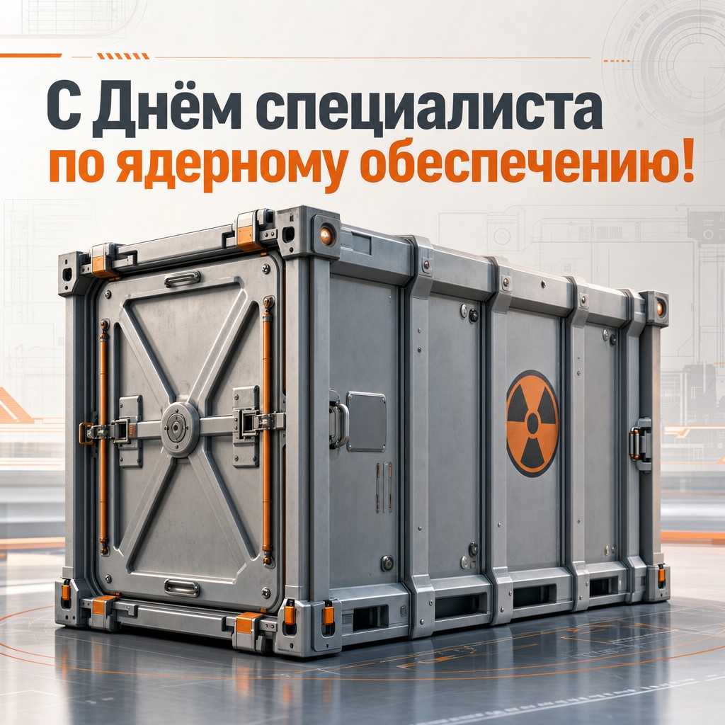 Современная 3D-открытка ко Дню специалиста по ядерному обеспечению с защитным контейнером и стальным акцентом.