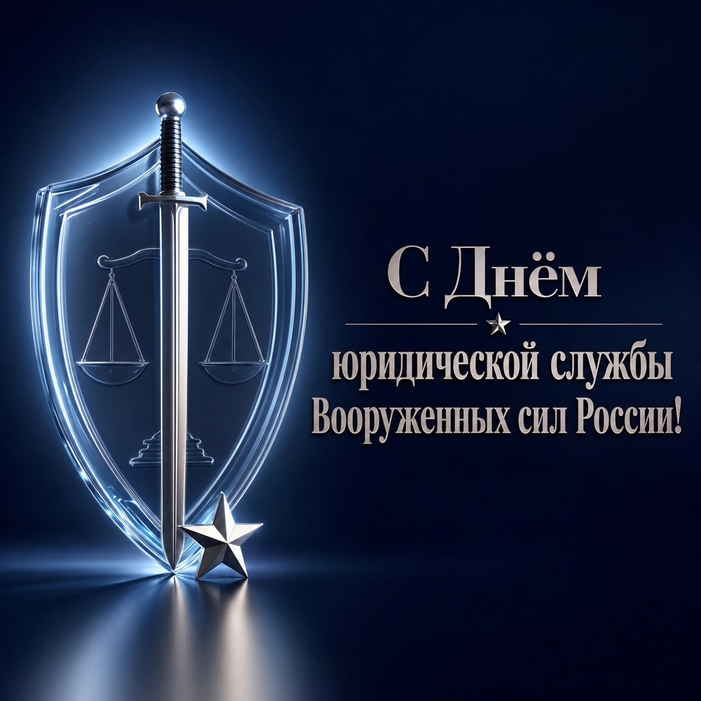 Современная 3D-открытка с прозрачным щитом и мечом для Дня специалиста юридической службы Вооруженных сил России.
