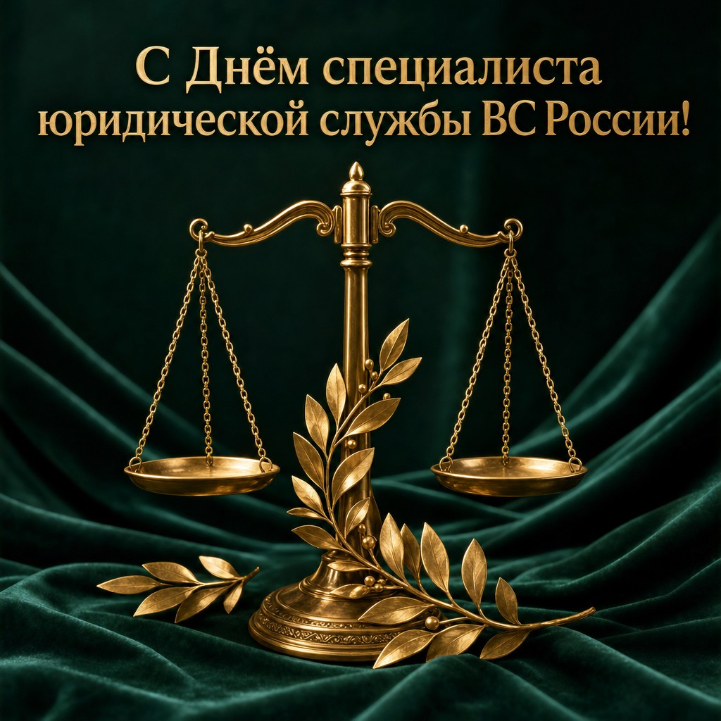 Премиальная открытка с золотыми весами правосудия и лавровой ветвью для поздравления военного юриста.