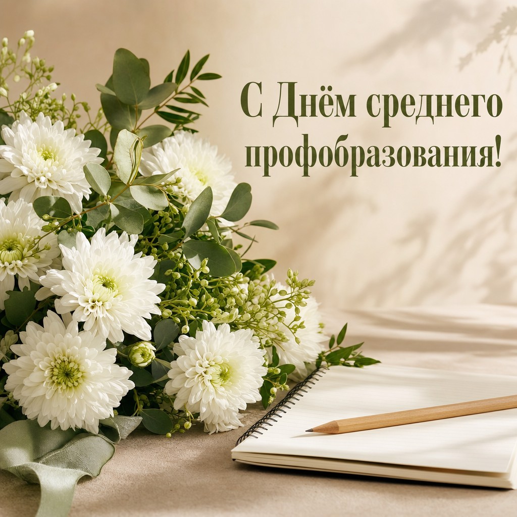 Нежная открытка ко Дню среднего профессионального образования с реалистичным букетом и учебными деталями.