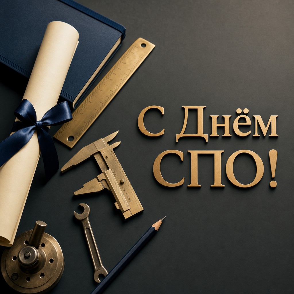 Премиальная открытка ко Дню среднего профессионального образования с дипломом и профессиональными инструментами.