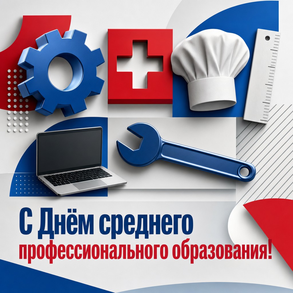 Современная открытка ко Дню среднего профессионального образования с графическими символами рабочих специальностей.
