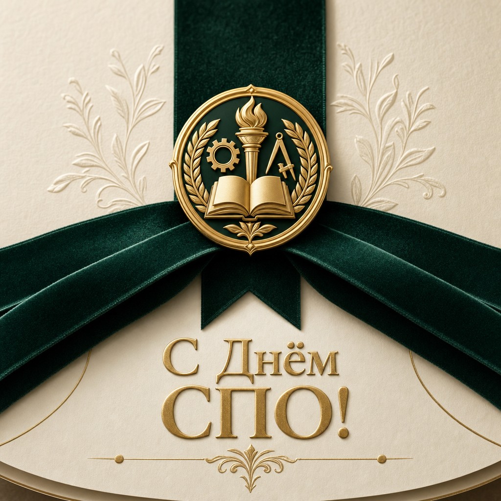 Стильная премиальная открытка ко Дню среднего профессионального образования с золотой эмблемой колледжа.
