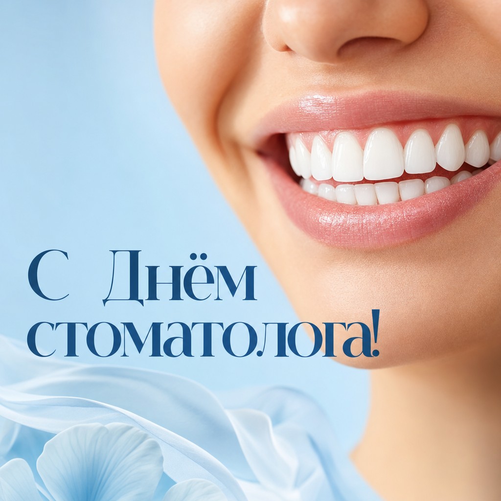 Элегантная открытка на День стоматолога с сияющей улыбкой и мягким голубым фоном.
